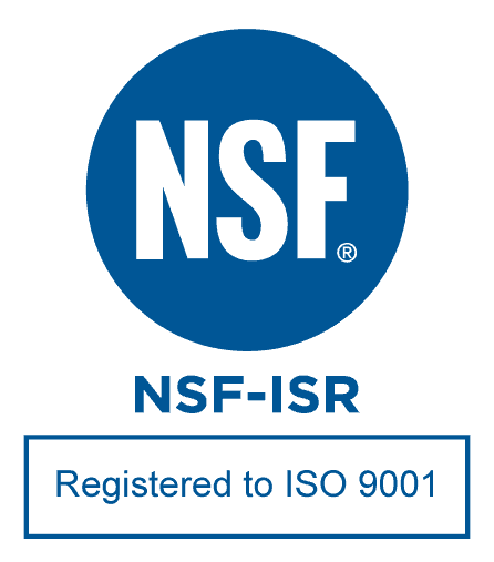 NSF logo above the text NSF-ISR and a box containing the words Registered to ISO 9001.