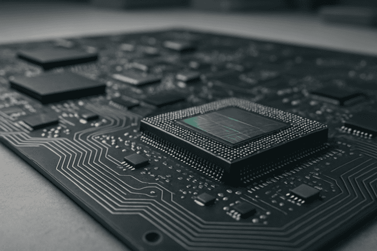 Close-up of a computer chip on a circuit board with visible microcircuit patterns and a colorful reflection on the chips surface.