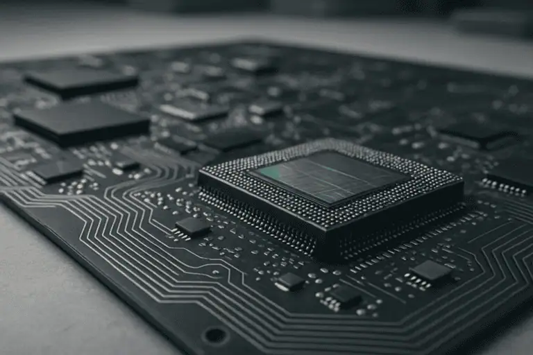 Close-up of a computer chip on a circuit board with visible microcircuit patterns and a colorful reflection on the chips surface.