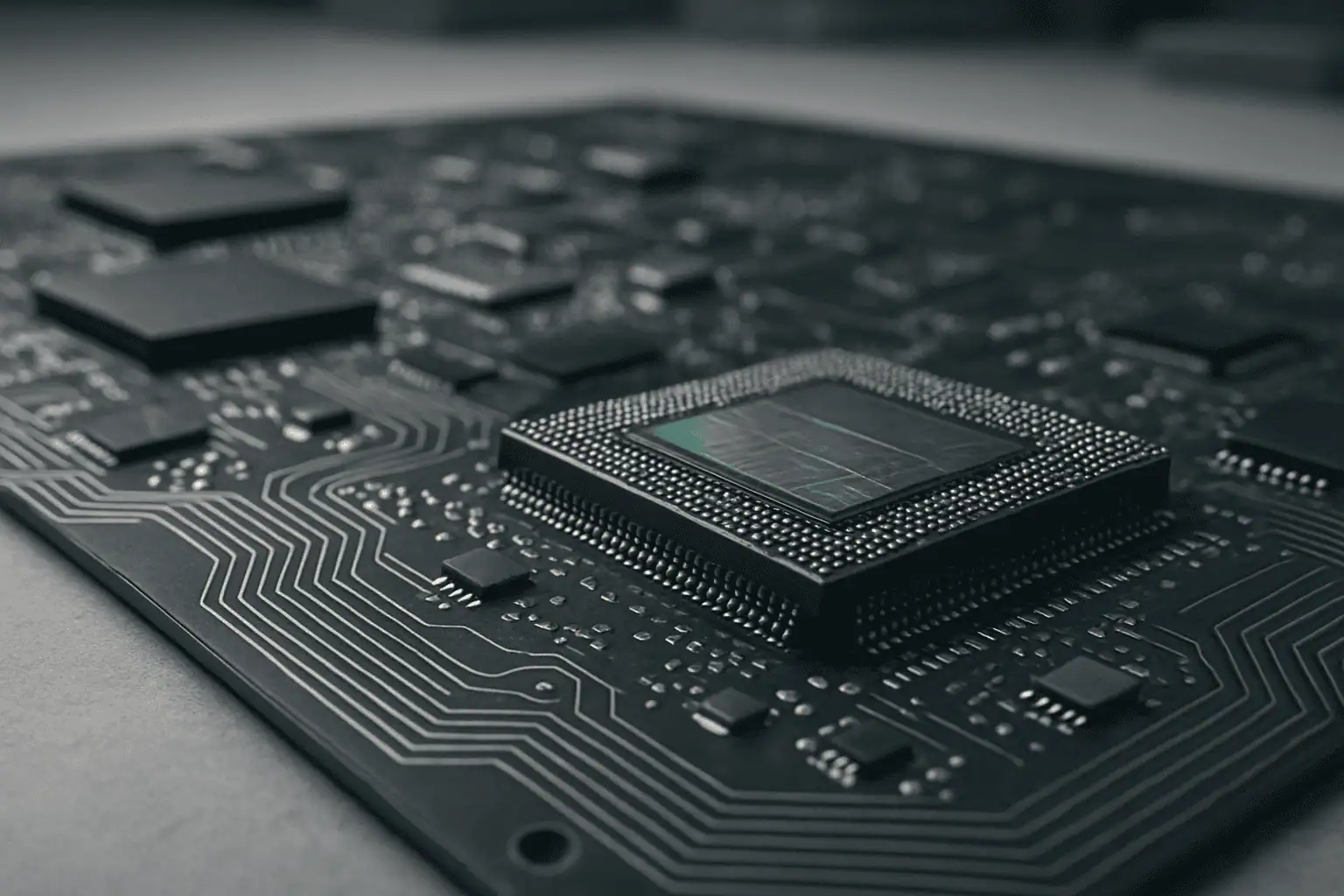 Close-up of a computer chip on a circuit board with visible microcircuit patterns and a colorful reflection on the chips surface.